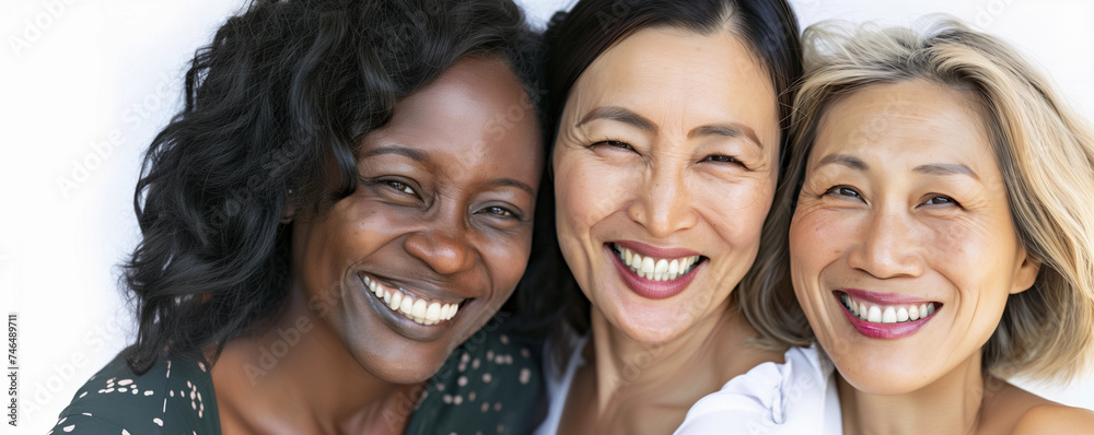 Closeup of three older beautiful diverse friends in 40s glowing smooth skin for peri menopause skincare health in and anti-aging selfcare salon products female empowerment International Womens day Closeup of three older beautiful diverse friends in 40s glowing smooth skin for peri menopause skincare health in and anti-aging selfcare salon products female empowerment International Womens day