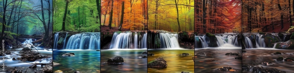 Obraz premium A series of pictures show a waterfall in different colors, AI