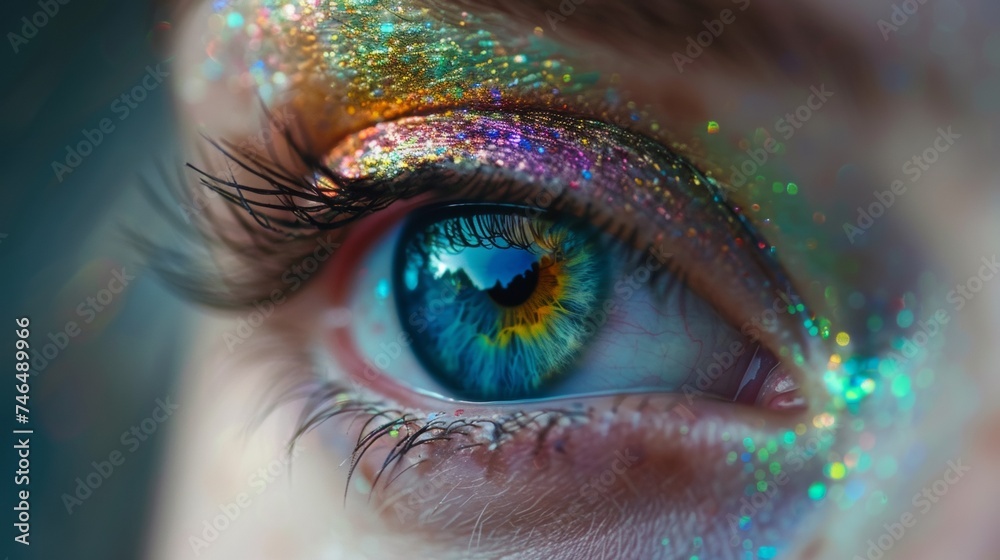 A close up of a woman's eye with glitter on it, AI