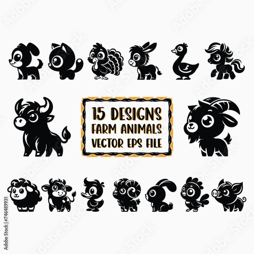 Set of 15 cartoon farm animals, black silhouette vector. 