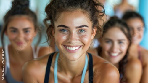 A group of women in a yoga class smiling at the camera, AI