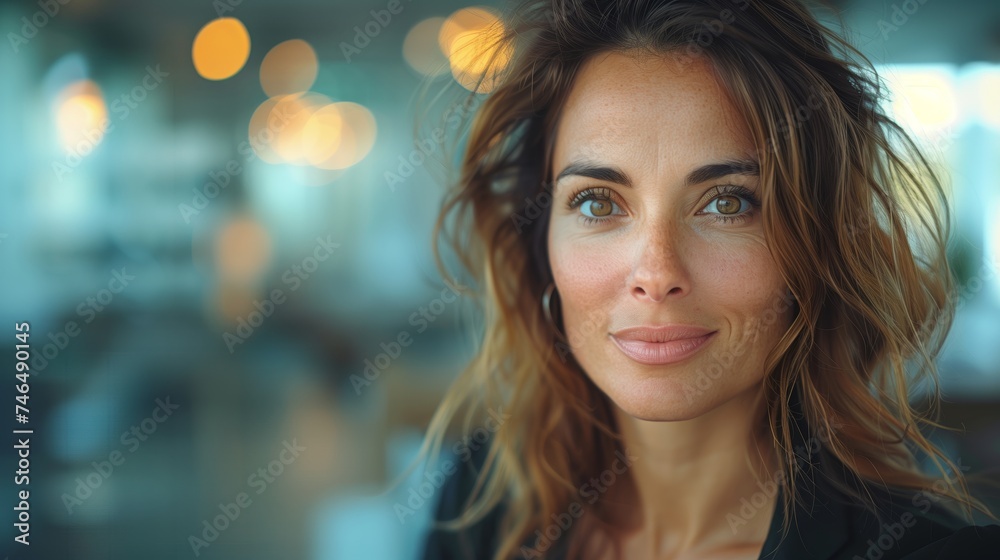 a beautiful latin business woman in her 40s in a tech office with data background in a desk a beautiful latin business woman in her 40s in a tech office with data background in a desk