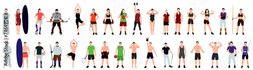 Collection men and women athletes. Bundle of fitness people vector illustrations.