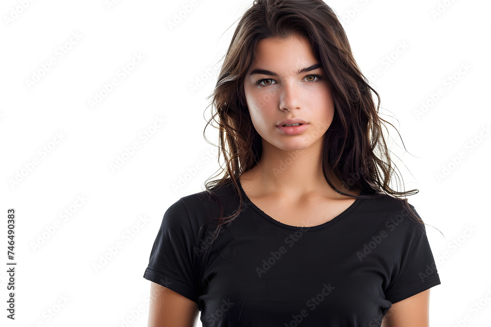 Blank Black T-Shirt Mockup on Female Model. Empty Shirt Template Blank Black T-Shirt Mockup on Female Model. Empty Shirt Template
