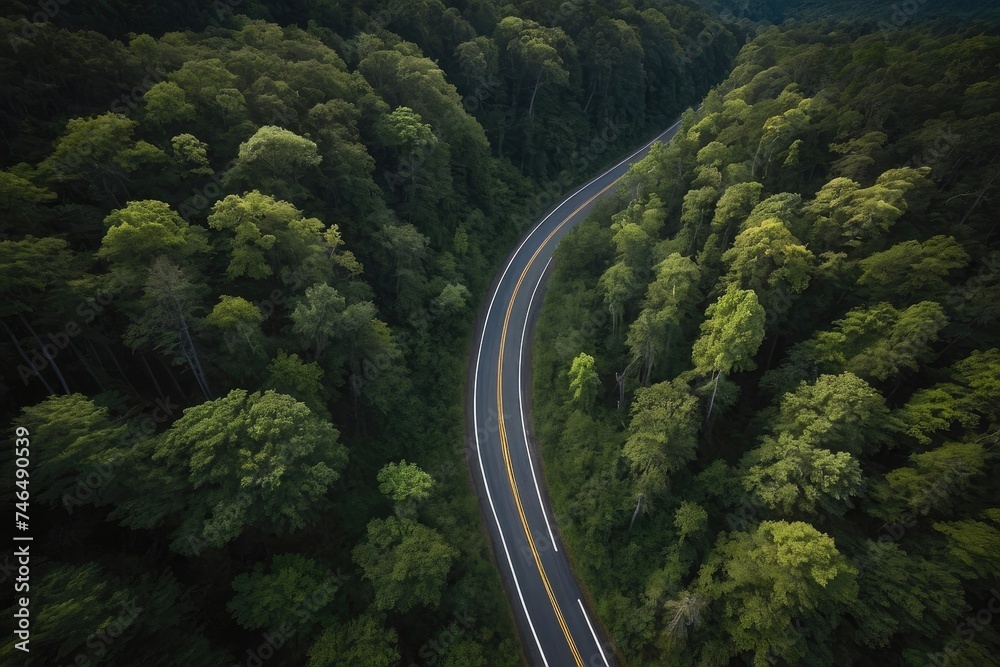 an aerial view of a road surrounded by trees, unobstructed road, road between tall trees, paved roads, road into the forest, drone photography. 