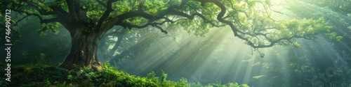 A tree with sunbeams shining through it in a forest, AI