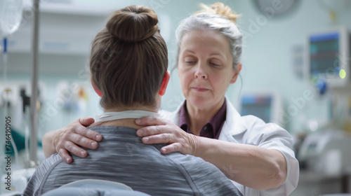 Female doctor doing neck or shoulder treatment to patient in a hospital or clinic