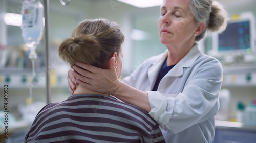 Female doctor doing neck treatment to patient in a hospital or clinic