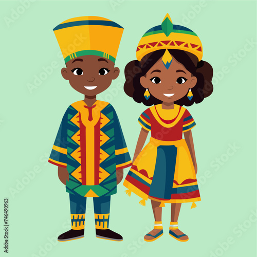 vector flat african couple children with traditional costume