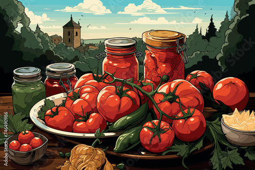 Red tomatoes with vine watercolor illustration