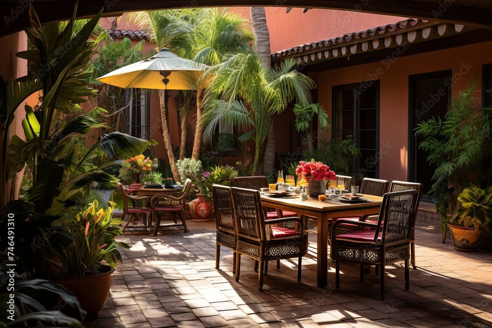 Obraz premium Spanish Courtyard Oasis: Woven Textiles Cast a Shaded Ambiance