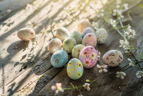 Hand-painted pastel Easter eggs on a sunlit wooden table
