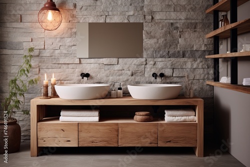 Zen Stone Basin Bathroom Oasis  Minimalist Wooden Cabinets Concept
