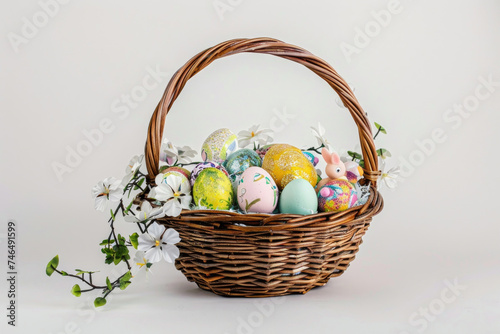 A colorful Easter basket filled with eggs on a white backdrop