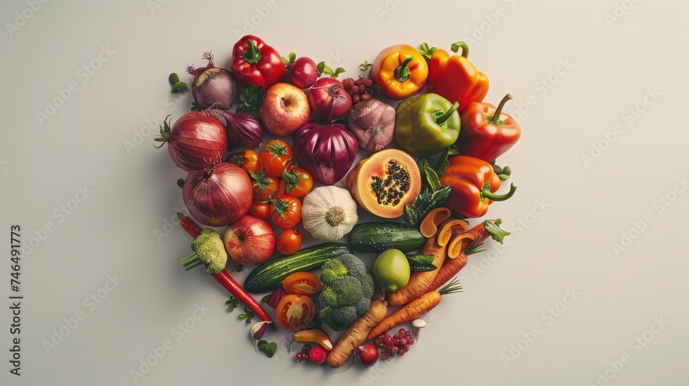 Vegetables and fruits in the shape of a heart on white background. Concept of healthy eating, vegetarianism, health care, health day Vegetables and fruits in the shape of a heart on white background. Concept of healthy eating, vegetarianism, health care, health day