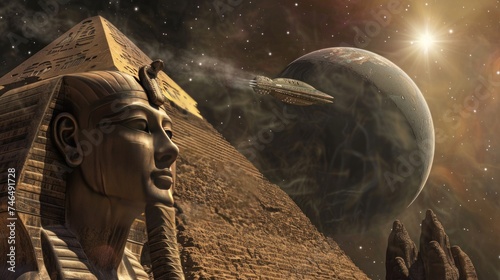 Cyber enhanced Sphinx gazing at a moon where UFOs orbit observed through high tech robotic operated telescopes