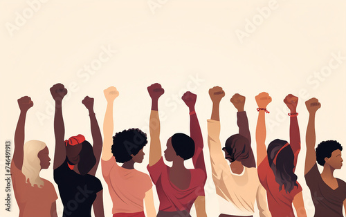 Illustration of Diverse Females Raising Their Fists in Solidarity Isolated on White Background.
