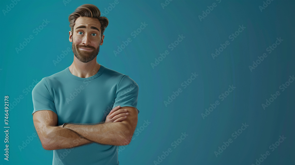 guy with folded arms on blue background