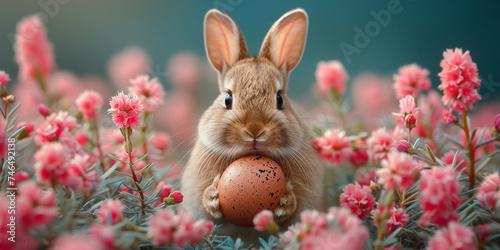 Easter Bunny with Colorful Eggs in Nature - Happy Easter