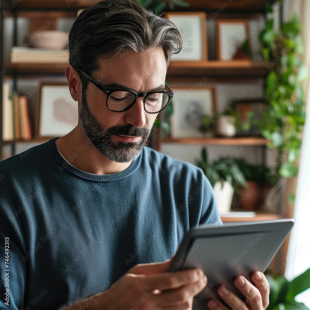 Man in glasses using tablet computer