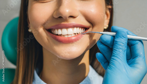 Dentist with dental tools. Beautiful female smile with stunningly white teeth: dental care, dentistry concept, stomatology, laboratory, and equipment for flawless results