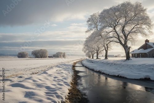 a river running through a snow covered field, snowy landscape, winter landscape, snow landscape, winter setting. 