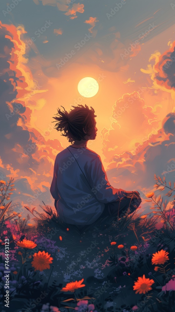 Person meditating in field under sunset sky with rising full moon Person meditating in field under sunset sky with rising full moon