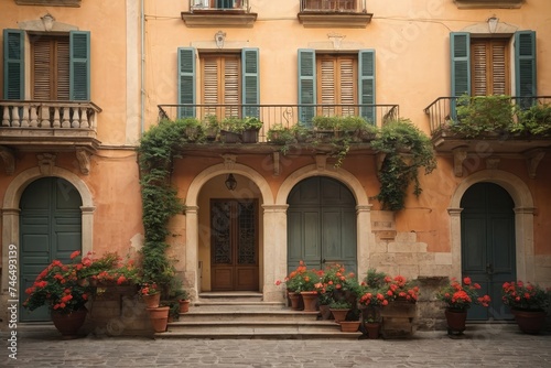 a building with a bunch of potted plants in front of it, mediterranean architecture, old roman style, palermo city street, old apartment, italian renaissance architecture, italian style. 
