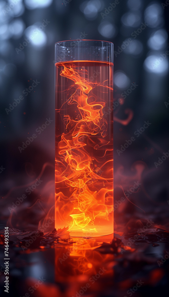 Vertical Glass Flask with Splash and Fire on Dark Background. Mysterious abstract composition.