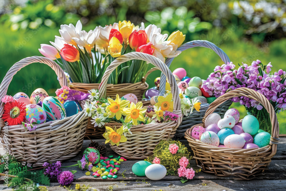 Colorful Easter baskets filled with eggs, flowers, and treats