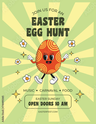 Easter egg hunt poster or invitation template in groovy hippie style. Trendy old cartoon 60s 70s 80s style. Vector illustration. 