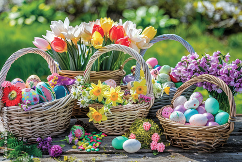 Colorful Easter baskets filled with eggs, flowers, and treats © Venka