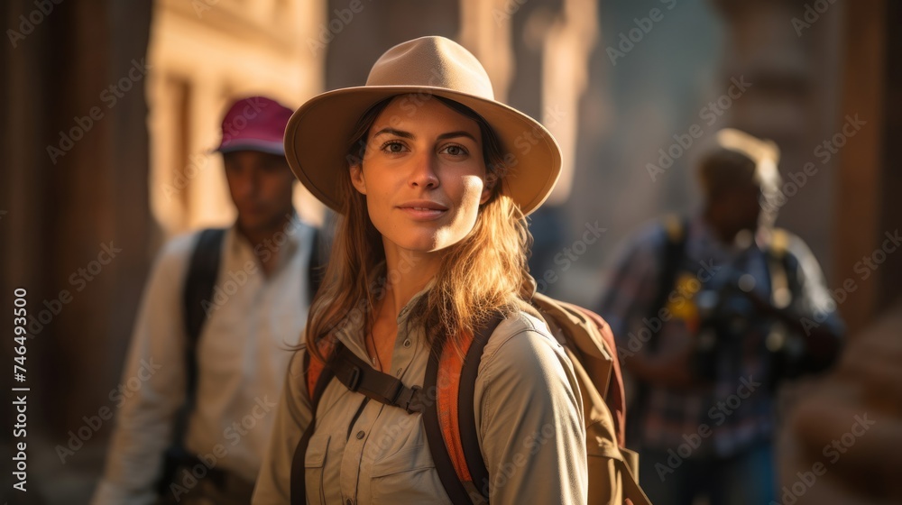 Focused tourism technician guides tourists through landmarks Focused tourism technician guides tourists through landmarks