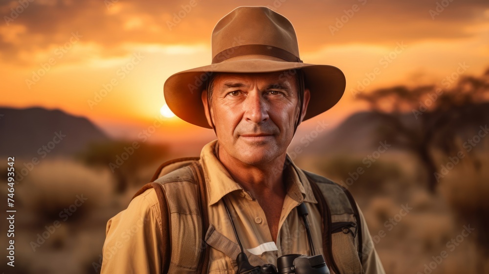 Expert travel photographer in safari hat at natural wonder