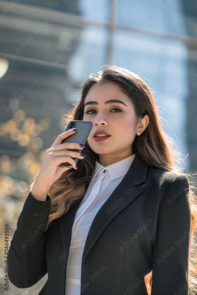 Businesswoman talking on her cell phone while looking ahead Businesswoman talking on her cell phone while looking ahead