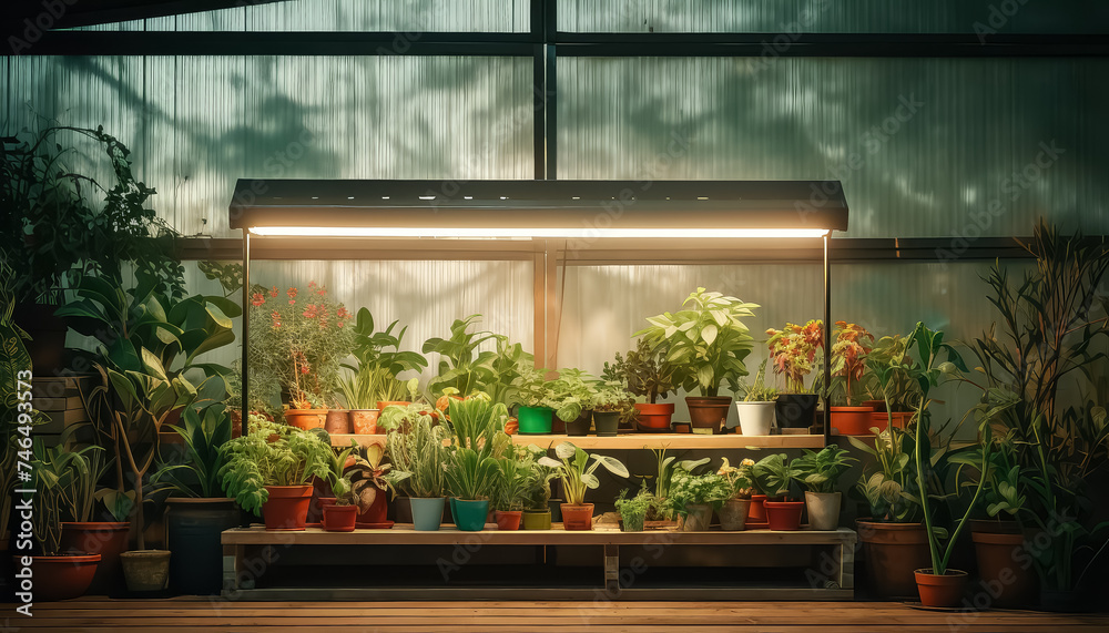 Greenhouse with plants and glass walls