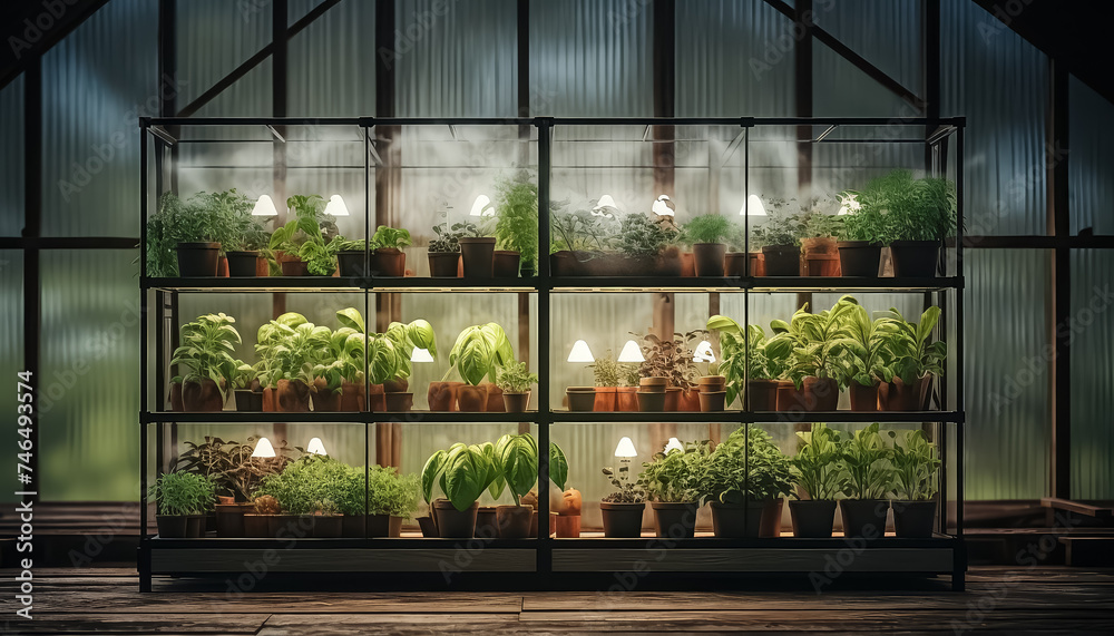 Greenhouse with plants and glass walls - obrazy, fototapety, plakaty 