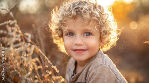 A young child with curly hair smiling in a field, AI