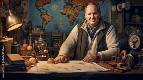 Tourism consultant surrounded by travel memorabilia under warm lighting