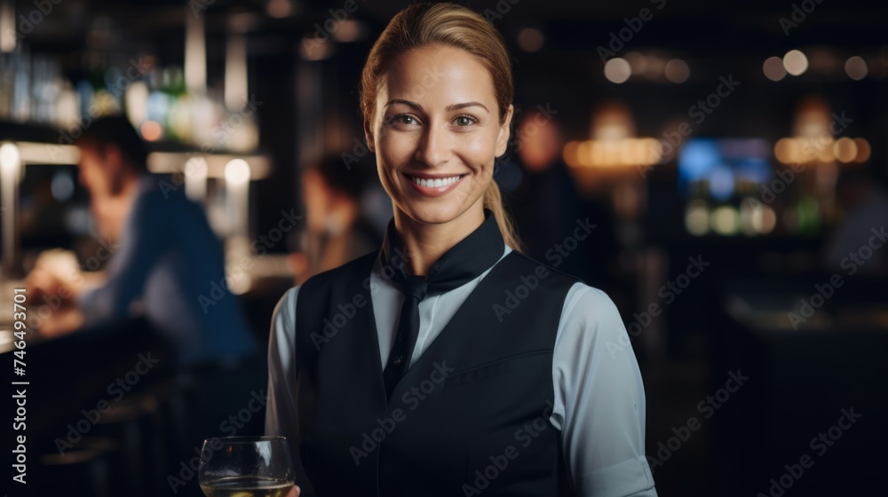 Server in black uniform serves cocktails under warm lighting