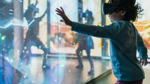 Child's Voyage into Virtual Storytelling, A child in vibrant African attire is immersed in a VR storytelling experience, with peers in soft focus observing in the background.
