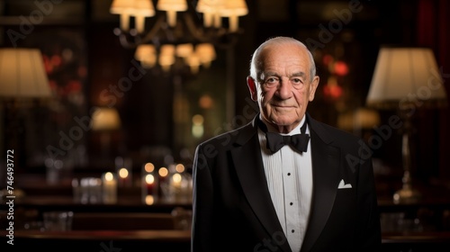 Senior maître d' welcomes guests under professional studio lighting photo