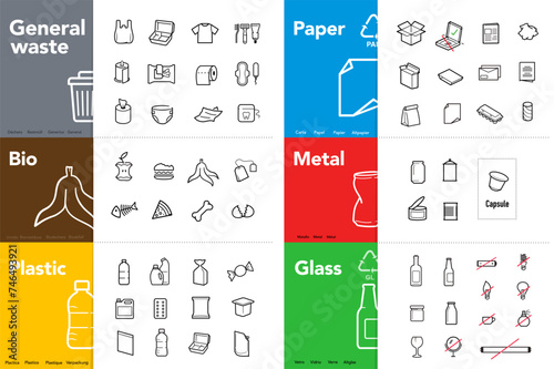 Ready sets of icons for separating trash. Vector elements are made with high contrast, well suited to different scales and on different media. Ready for use in your design. EPS10.