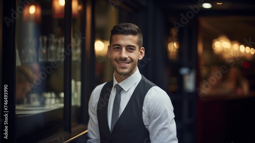 Portrait of inquisitive waiter framed by restaurant entrance soft lighting