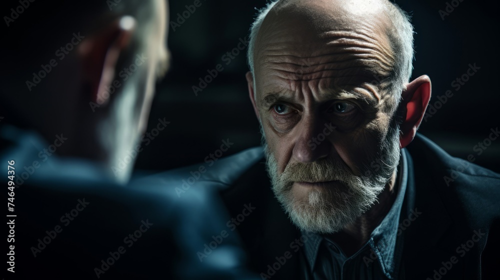 Male psychoanalyst deeply engaged in analysis with patient soft lighting