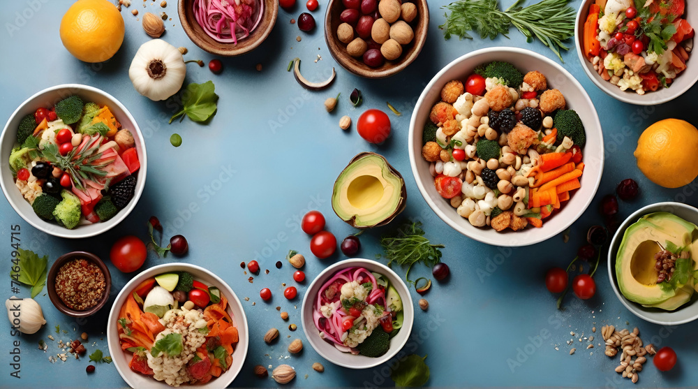 Assortment of healthy food dishes .Generative AI
 - obrazy, fototapety, plakaty 