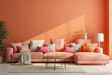 Stylish minimalist modern peach fuzz living room interior design illuminated by natural daylight