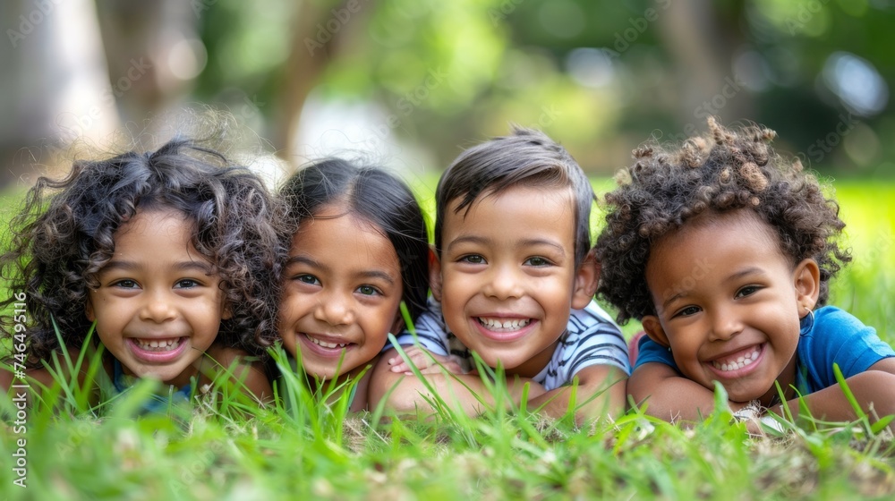 Fototapeta premium A group of four children laying in the grass smiling, AI