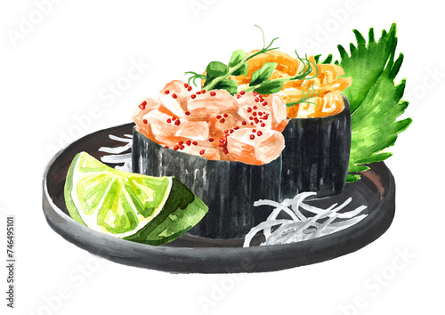 Gunkan Maki Sushi Set. Hand drawn watercolor illustration isolated on white background