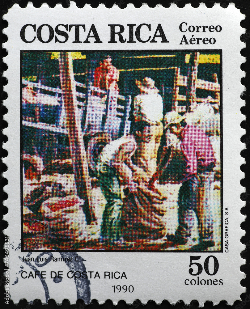 Painting of Costa Rican farmers at work in a coffee plantation on stamp ...